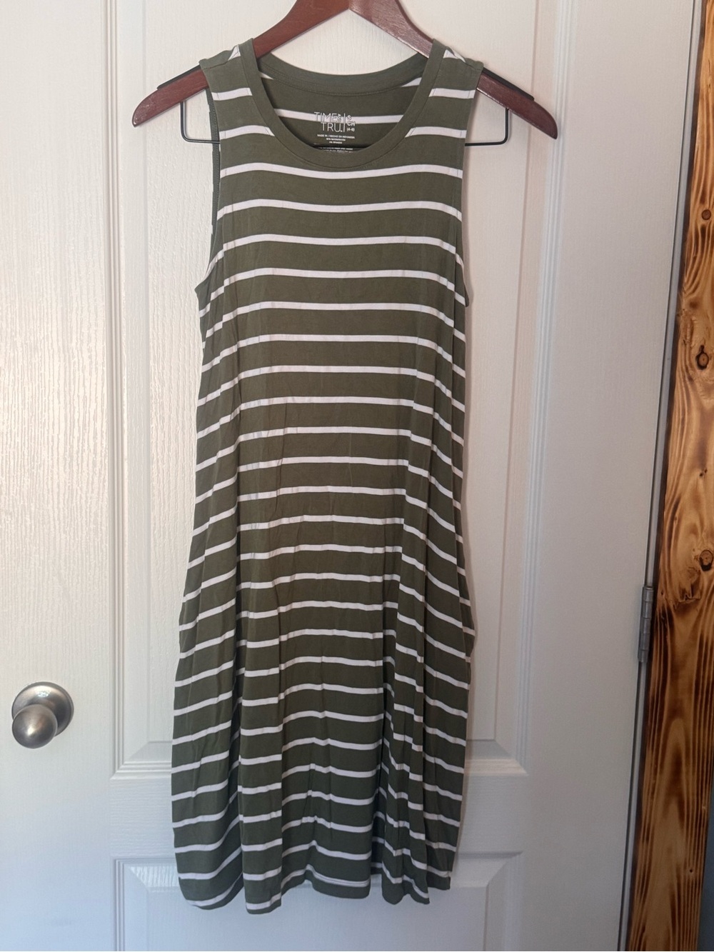 Time and Tru Olive Green & White Striped Midi Tank Dress